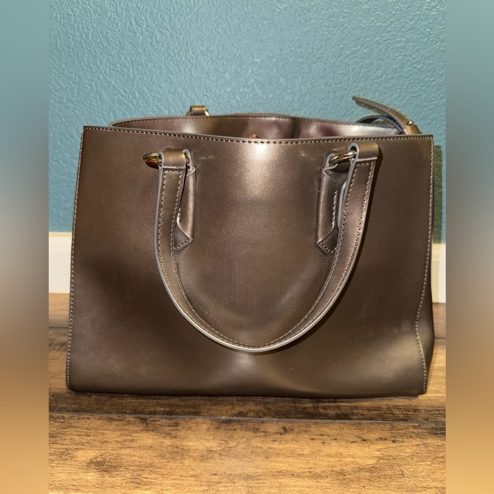 Lauren Ralph Lauren Pewter Double Zip Leather Satchel Crossbody